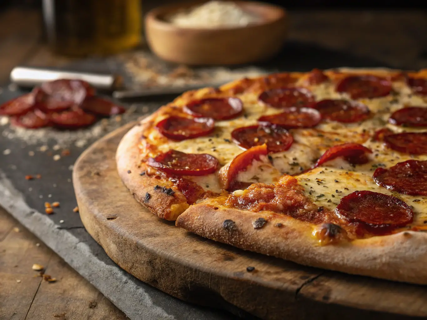 A close-up image of a 'Spicy Pepperoni Feast' pizza, highlighting the crispy pepperoni slices, melted cheese blend, and a hint of chili flakes, placed on a checkered tablecloth.