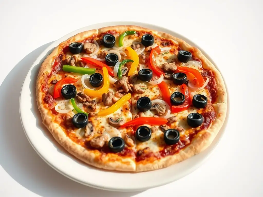 An enticing shot of a 'Gourmet Veggie Delight' pizza, showcasing a colorful assortment of grilled vegetables, including bell peppers, zucchini, and mushrooms, drizzled with balsamic glaze on a stone-baked crust.