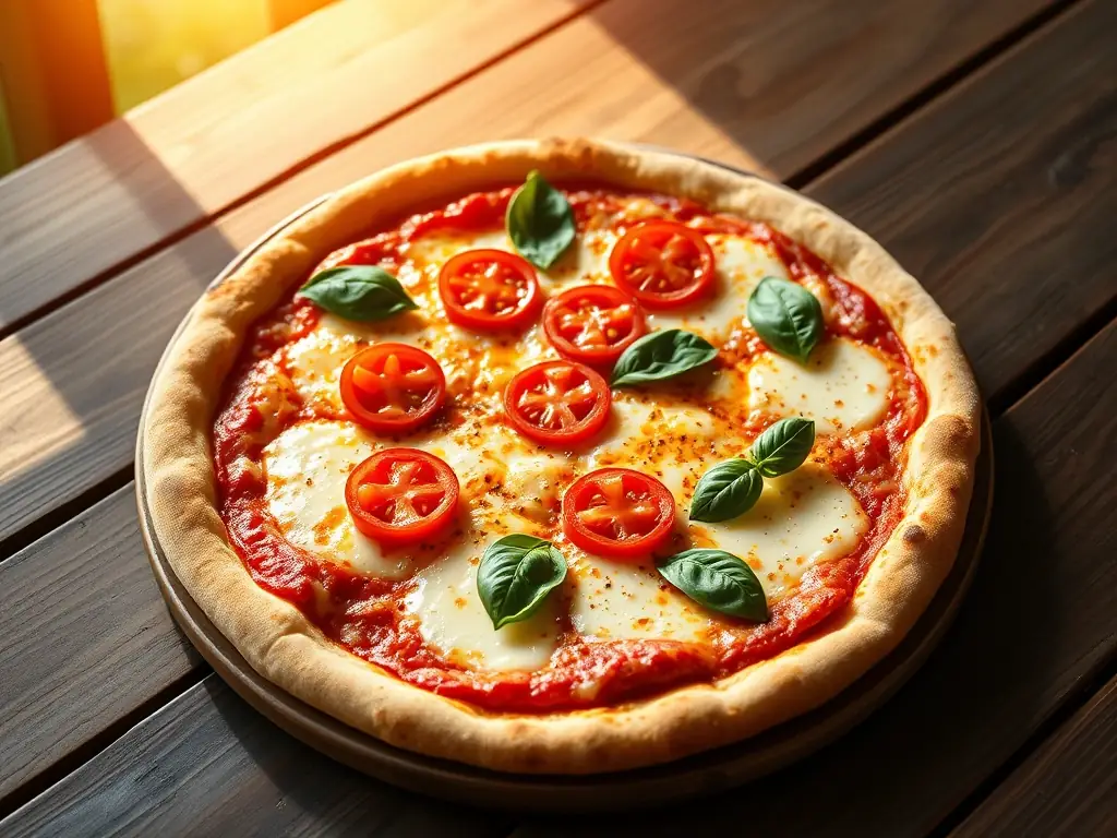 A vibrant, overhead shot of a 'Margherita Classica' pizza, showcasing its fresh basil leaves, ripe tomato slices, and melted mozzarella on a perfectly baked crust, set against a rustic wooden background.