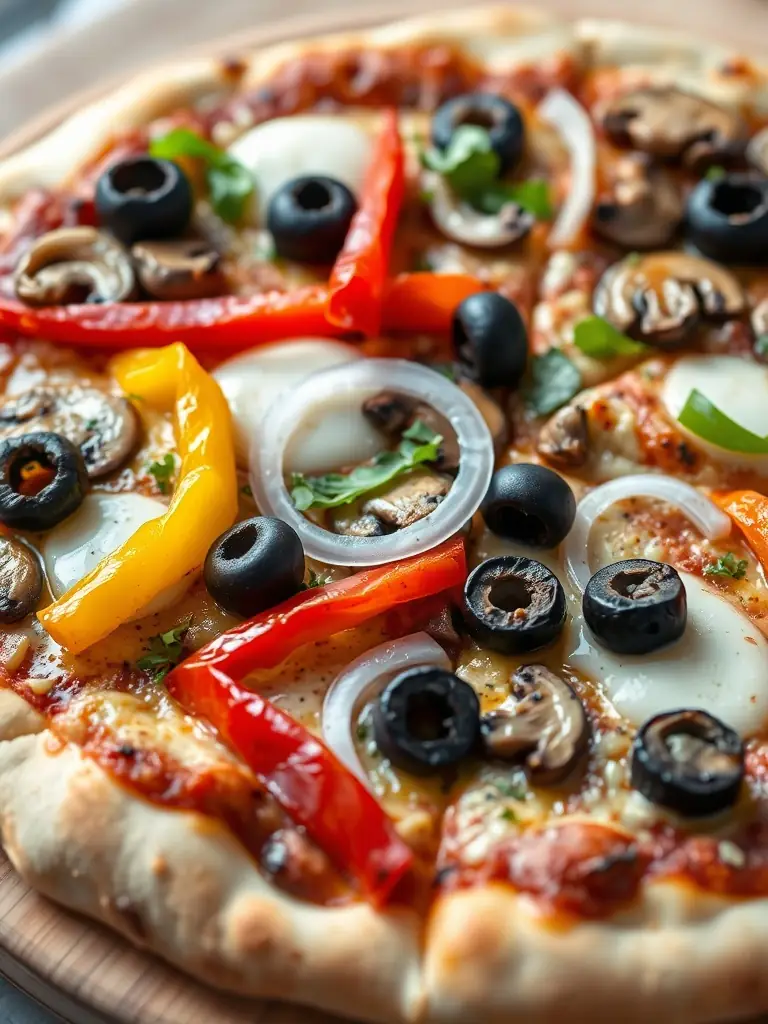 A mouthwatering image of a Vegetarian pizza, featuring a colorful assortment of fresh vegetables such as bell peppers, onions, mushrooms, and olives, ideal for showcasing the variety on the Crust Pizza menu.