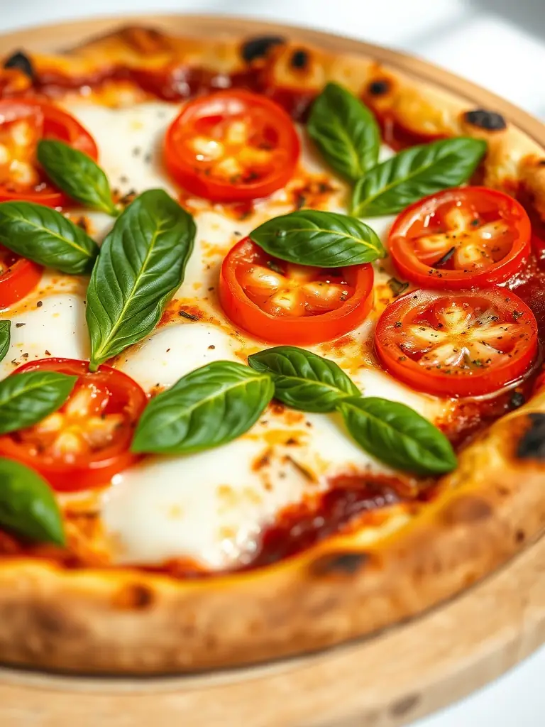 A visually appealing image of a Margherita pizza, highlighting the simplicity and freshness of the tomato sauce, mozzarella cheese, and basil leaves, ideal for the Crust Pizza menu.